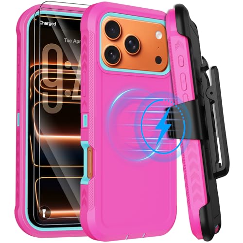 for iPhone 17 Pro Max Case with Belt Clip Holster,[Compatible with MagSafe] w/Screen Protector,Anti-Drop Shockproof Heavy Duty Protective Rugged Magnetic Phone Cover,with 360°Rotating Kickstand (Pink - color: Pink