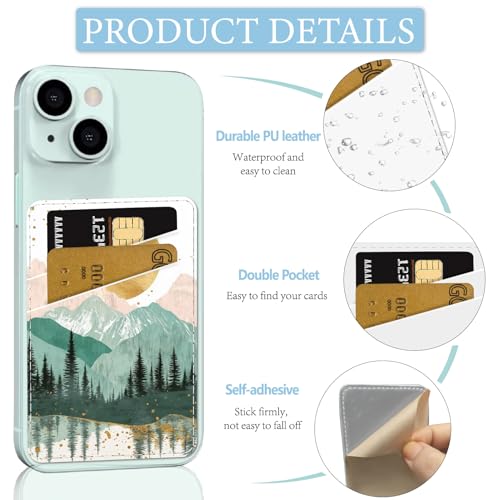 CREATCABIN Mountain Phone Card Holder Leather Cell Phone Wallet Stick on Adhesive Credit Card Holder Slim Double Pocket Sticker for Back of Phone Case Compatible with Most Phones 3.7 x 2.5 Inch - style: Mountain