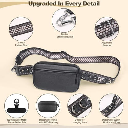 YFWE Clip and Go Phone Strap with Crossbody Wallet, Adjustable Phone Lanyard with Detachable RFID Wristlet Wallet, Anti-Theft Leather Purse with ID Window for Travel Essentials (Black) - color: Black