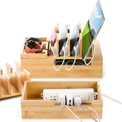 Fasmov Bamboo Charging Station, Charging Stand for Multiple Devices, Electronic Device Desktop Dock Stations Organizer, Cell Phone Docking Stations for Multi Laptop, Tablets, IPads, Watch, Earbuds