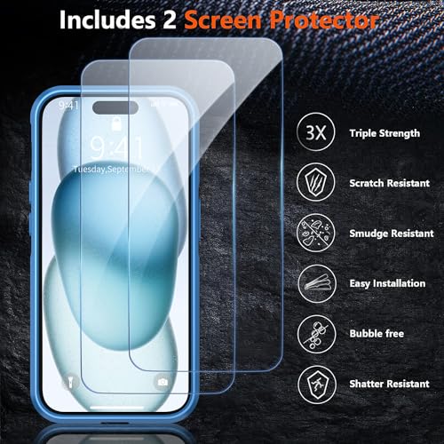 Shockproof for iPhone 15 Case,[15 FT Military Grade Drop Protection],with 2X [Tempered Glass Screen Protector ] with Air Bumpers Full-Body Protective Phone Case,Royal Blue - color: Royal Blue