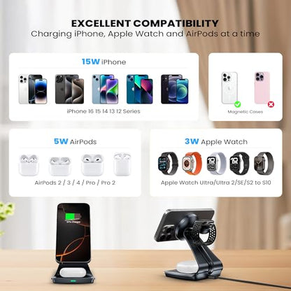 3 in 1 Wireless Charging Station for iPhone, Apple Watch and AirPods, MagSafe Compatible Wireless Charger (FW001)
