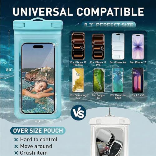 Waterproof Phone Pouch for iPhone 17 16 15 Pro Max IPX8 Blue+Blue | Card Pocket, Lightweight, Large Cellphone Dry Bag, IPX8 Rated, Beach Essential, Cruise Ship, 2 Pack, 8.3 inch - color: B5-Blue-2 pack