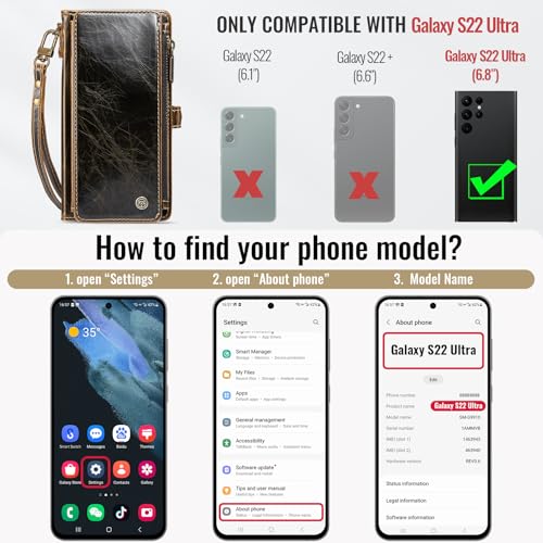 Defencase for Samsung Galaxy S22 Ultra Wallet Case with Card Holder, Coffee | Durable PU Leather, with RFID Blocking Zipper Pocket, Wrist Strap, S22 Ultra Flip Phone Cases Cover with Stand for Women Men - color: Luxury Coffee
