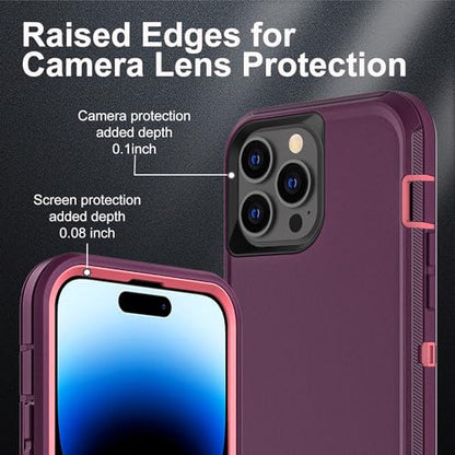 YKHJKLEC for iPhone 14 Pro Case, Military Grade 3 in 1 Heavy Duty Shockproof/Drop Proof/Dust Proof Case with 2Pcs Tempered Glass Screen Protector (Purple/Pink) - color: Purple/Pink