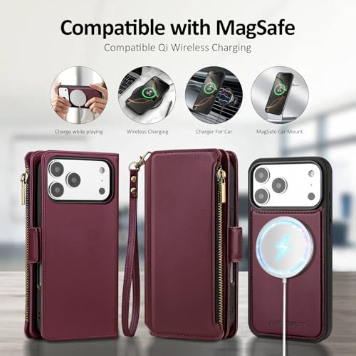Antsturdy Compatible with MagSafe iPhone 17 Pro Wallet Case,Wine Red | Detachable Magnetic Credit Card Holder,RFID Blocking,PU Leather Zipper Purse,Wrist Strap Kickstand,Flip Phone Cover for Women - color: (Detachable with Magsafe)-Wine Red