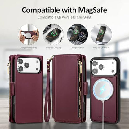 Antsturdy Compatible with MagSafe iPhone 17 Pro Max Wallet Case,Wine Red | Detachable Magnetic Credit Card Holder,RFID Blocking,PU Leather Zipper Purse,Wrist Strap Kickstand,Flip Phone Cover for Women - color: (Detachable with Magsafe)-Wine Red