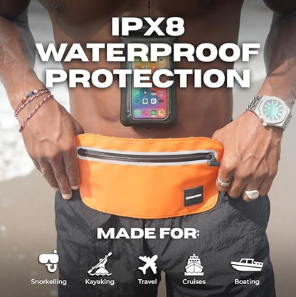 DRENCH kayaking and paddleboarding gear – Orange + Yellow Waterproof Fanny Pack Bundle, 2 Submersible Phone Pouches + Floating Cases