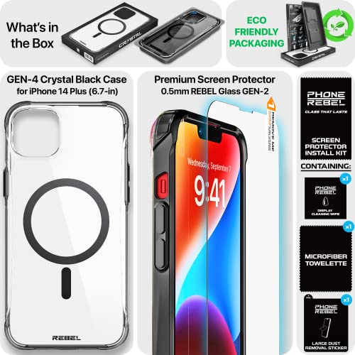 Phone REBEL Clear Case for iPhone 14 Plus [Crystal Series Gen-4] Strong MagSafe Compatible, Anti-Scratch, Non-Yellowing, Protective Shockproof Bumpers, Metal Buttons, 6.7 in 2023 Cover (Crystal Black) - color: Crystal Black, size: iPhone 14 Plus