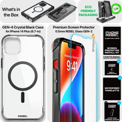 Phone REBEL Clear Case for iPhone 14 Plus [Crystal Series Gen-4] Strong MagSafe Compatible, Anti-Scratch, Non-Yellowing, Protective Shockproof Bumpers, Metal Buttons, 6.7 in 2023 Cover (Crystal Black) - color: Crystal Black, size: iPhone 14 Plus