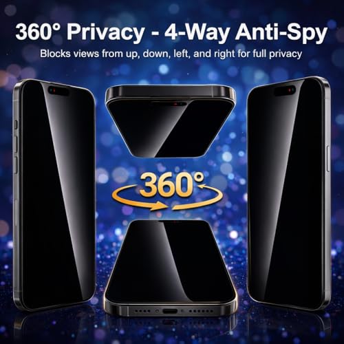 [2+2 Pack 360 Degree Privacy Screen Protector for iPhone 15 Pro Max – [360° 4-Way Anti-Spy] [Auto Dust Removal] [Bubble-Free Installation] – Shatterproof Tempered Glass