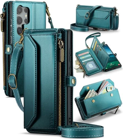 for Samsung Galaxy S25 Ultra Wallet Case with Card Holder, Green | RFID Blocking Slots, Crossbody Lanyard, Wrist Strap, Zipper Pocket Purse Handbag, Magnetic Closure - color: Green, size: Galxay S25 Ultra
