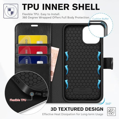 TUCCH Case Wallet for iPhone 13 (6.1"), RFID Blocking Folio, Black & White | 3 Card Holders, Kickstand, PU Leather, Magnetic Closure, Shockproof TPU Shell, Protective Flip Cover - color: Black & White