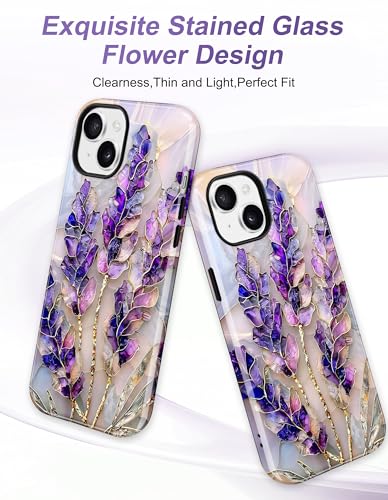 Jusy Magnetic Stained Glass Case for iPhone 16e/17e, Purple Lavender | Compatible with MagSafe, Cute Aesthetic Flower Design, TPU and PC Protective Phone Cover - color: Purple Lavender