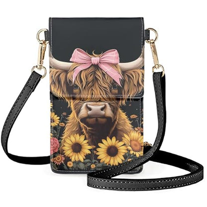 WELLFLYHOM Mini Touchscreen Crossbody Phone Bags for Women with Card Slots Shoulder Bag Purse Leather - color: 1 Highland Cow Sunflower