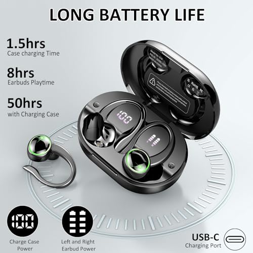 2026 Bluetooth 5.4 Headphones Sports, Wireless Earbuds, 50 Playback Over-Ear buds with 4 ENC Noise Cancelling Mics Deep Bass Fitness Earphones Gym Running Workout, IP7 Headset with Earhook LED Display