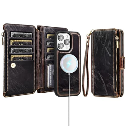 Antsturdy Compatible with MagSafe iPhone 14 Pro Wallet Case,Coffee | Detachable Magnetic Credit Card Holder,RFID Blocking,PU Leather Zipper Purse,Wrist Strap Kickstand,Flip Phone Cover for Women - color: (Detachable with Magsafe)-Coffee