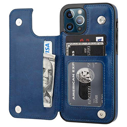 ONETOP for iPhone 12 & iPhone 12 Pro Wallet Case with Card Holder,Blue | Kickstand,ID/Cash Holder,Case Wallet with Card Slots,Double Magnetic Clasp,Durable PU Leather Shockproof Cover for Women Men - color: Blue