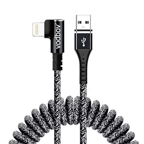 Coiled 90° USB-A to Lightning Cable (Zebra Black) – Braided, Fast Charging, Right-Angle Car Charger Cord, 2–8 ft Stretch for iPhone & iPad