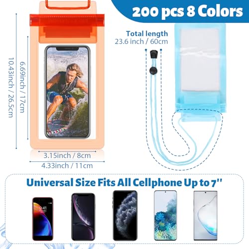 Shinylin 200 Pcs Universal Waterproof Phone Pouch Bulk Waterproof Cellphone Case Underwater Snorkeling Dry Bag Case Lanyard Clear Phone Protector for Beach Swimming Floating, 6.69 x 3.15 Inch