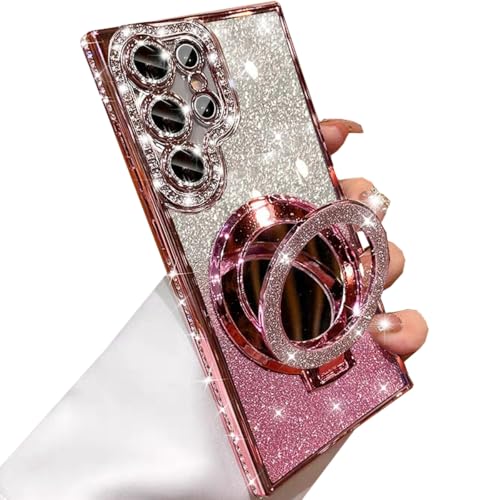 Changjia for Samsung Galaxy S25 Ultra Magnetic Kickstand Glitter Case,[Compatible with Magsafe] Bling Sparkly Rhinestones with Camera Protector Makeup Mirror Women Girls Case for Galaxy S25 Ultra,Pink - color: Pink