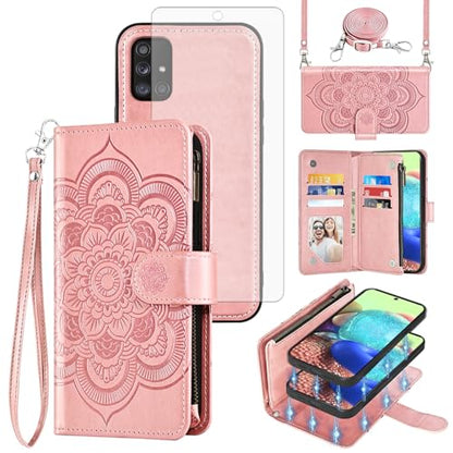 Asuwish Phone Case for Samsung Galaxy A71 5G Zipper Wallet Magnetic Detachable Cell Cover with Tempered Glass Screen Protector Crossbody Strap Flower Card Holder A 71 G5 71A S71 Women Girls Rose Gold - color: Rose Gold