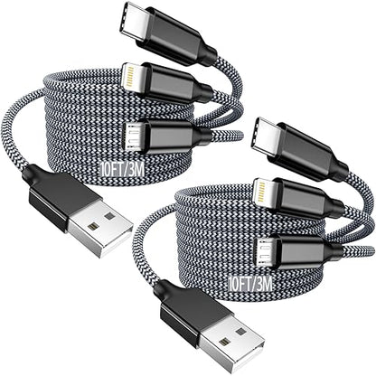Long Multi Charging Cable,USB Universal Charger,2Pack 10ft Car Cord - color: Grey/Black-10FT-2Pack