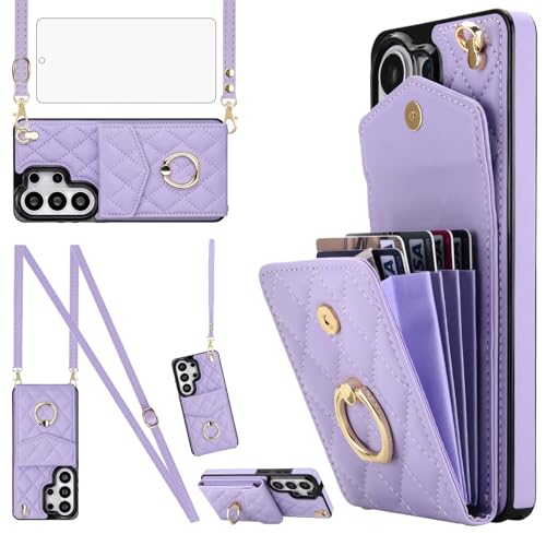 Asuwish Phone Case for Samsung Galaxy S26 Ultra 5G Wallet Cell Cover with Tempered Glass Screen Protector Wrist Strap Ring RFID Blocking Card Holder S26Ultra 26S S 26 26Ultra SM-S948U Women Men Purple - color: Purple, size: for S26 Ultra