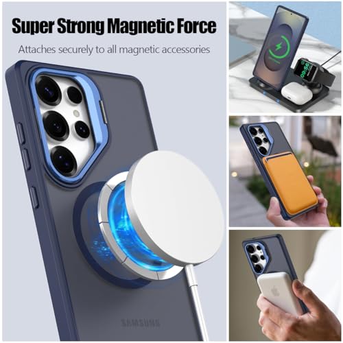 Nvollnoe for Samsung S25 Ultra Case Compatible with MagSafe Military Grade Shockproof Heavy Duty Protective Adjustable Kickstand Matte Semi Clear Phone Cover for Samsung S25 Ultra(Blue) - color: Blue