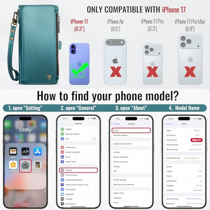 Defencase for iPhone 17 Wallet Case with RFID Blocking Card Holder, Green | Durable Soft PU Leather, with Zipper Pocket, Wrist Strap, Fashion Snap Flip Phone Cases Cover with Stand for Women and Men - color: Blue Green