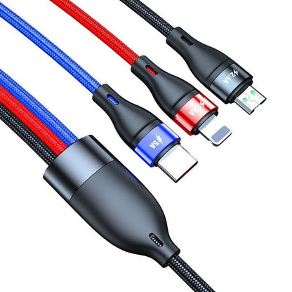 3 in 1 Fast Charging Cable with Micro USB, USB-C, and Lightning Connector Compatible with iPhone and Android, Nylon Braided, Black
