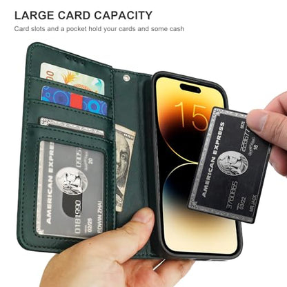 Bocasal Detachable Wallet Case Card Holder for iPhone 15 Pro, Green | RFID Blocking Kickstand Card Slots Holder PU Leather Magnetic Shockproof Wrist Strap Removable Flip Protective Cover 6.1 inch - color: Green