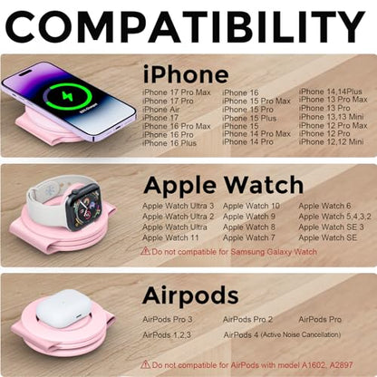 HICOBER 3-in-1 Wireless Charging Station for iPhone, Watch, AirPods, Pink - color: Pink