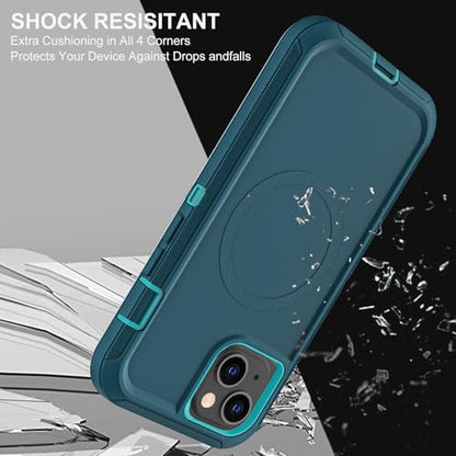 YKHJKLEC for iPhone 13/iPhone 14 Case, Compatible with Magsafe, 3 in 1 Heavy Duty Shockproof/Drop Proof/Dust Proof Case with 2Pcs Tempered Glass Screen Protector (New-Blue/Turquoise) - color: New-Blue/Turquoise