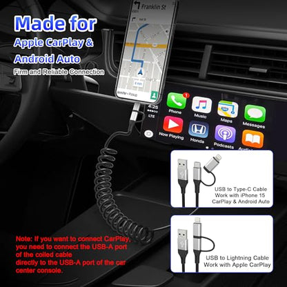 USB to USB-C and Lightning Cable 2 in 1 Coiled Cable Support Carplay & Android Auto [MFi & 3A Fast Charge & Data Sync] Coiled Lightning and USB C Cable for iPhone 17/16/15/14/13/Android, Silver - color: Silver