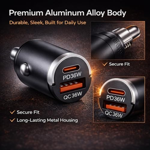 USB C Car Charger Fast Charging, 36W Dual Port Car Charger Adapter, PD 36W USB C & QC USB A, Mini Aluminum Car Charger for iPhone 17/16/15, Samsung, Huawei, iPad, AirPods