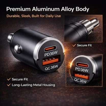 USB C Car Charger Fast Charging, 36W Dual Port Car Charger Adapter, PD 36W USB C & QC USB A, Mini Aluminum Car Charger for iPhone 17/16/15, Samsung, Huawei, iPad, AirPods