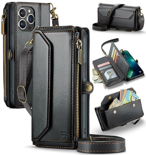 Strapurs Wallet Case Compatible with iPhone 13 Pro RFID Blocking 7-Card Holder Soft PU Leather Magnetic Snap Shoulder Strap Zipper Pocket Phone Case Fit for iPhone 13 Pro 6.1" - Black | RFID Blocking 7-Card Holder, Shoulder Lanyard, Wirst Strap, Zipper Po
