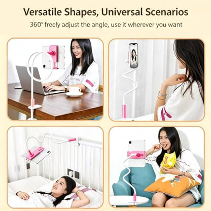 2-in-1 Gooseneck Phone & Tablet Holder for Bed, Flexible Clamp Mount & Overhead Stand for Desk & Headboard, Compatible with iPhone 17/16/15/14 and 4–10.6" Devices (Pink) - color: Pink