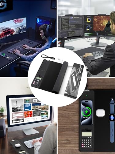 Mouse Pad with 15W Wireless Charging, Removable 8-Digit Solar Calculator - color: Calculator-31.5"x15.8"