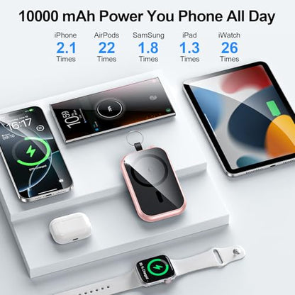 Magnetic Portable Charger 10000mAh Wireless Power Bank with Built-in Cables - color: pink