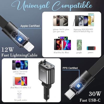 4 in 1 Retractable Car Charger with Starry Light,69W USB-C Fast Car Charger, for iPhone 17/16/15/14/13/12/11, Android,Pixel,Cigarette Lighter Charger (for Lightning+USB-C) - size: Starry Light