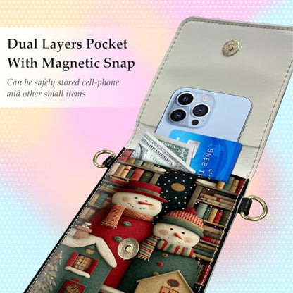 Small Crossbody Bags for Women Touchscreen Cell Phone Bag Cross Body Purses with adjustable Strap,Gifts For Teenage Girls - color: Snowman Art & Bookshelf