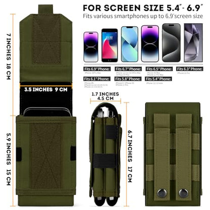 Dual Tactical Phone Pouch Molle Phone Holster Double Capacity Holder Universal Utility EDC Pouch for iPhone 17 Pro Max/17 Pro/16 Pro Max/16 Pro/15 Pro Max/15 - color: Green