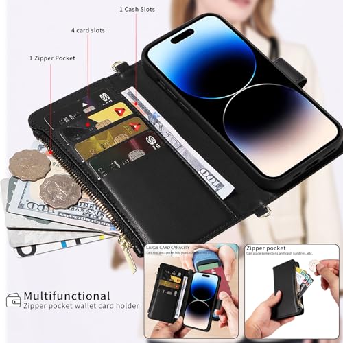 for iPhone 16 2-in-1 Magnetic Crossbody Wallet Case + Wrist Strap | Wireless Charging After Wallet Removal, Detachable Crossbody/Wrist Straps, Landscape Stand, Card Holder and Zipper Pocket - color: Black, size: iPhone 16