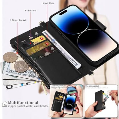 for iPhone 16 2-in-1 Magnetic Crossbody Wallet Case + Wrist Strap | Wireless Charging After Wallet Removal, Detachable Crossbody/Wrist Straps, Landscape Stand, Card Holder and Zipper Pocket - color: Black, size: iPhone 16
