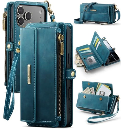 Wallet Case for iPhone 17 Pro Max – RFID Blocking PU Leather Phone Case with Card Holder, Zipper Pocket, Kickstand, Magnetic Closure, Shoulder & Wrist Strap, Blue Green - color: Blue Green, size: iPhone 17 Pro Max