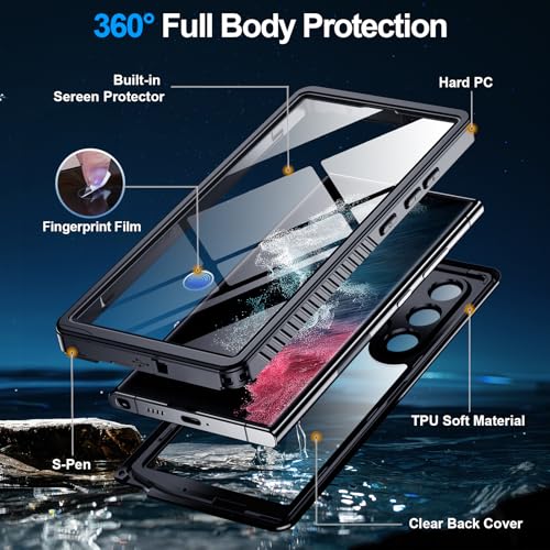 xiwxi for Samsung Galaxy S22 Ultra Case Waterproof,[IPX8 Underwater Case][Full Body Shockproof & Military Dropproof] Clear Sound Quality Built-in Screen Protector for Samsung S22 Ultra 6.8 inch-Black - size: For Samsung S22 Ultra-6.8"