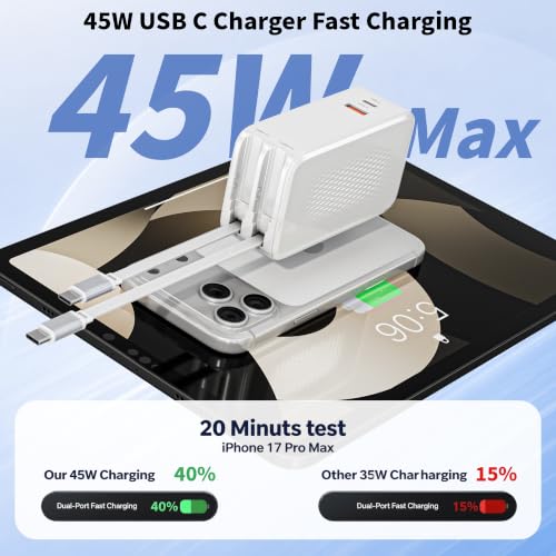 45W Retractable Wall Charger Fast Charging, 4 in 1 Retractable iPhone Charger Wall Plug Fast Charging Foldable Block with Dual USB C Cable, Multiport Charging for iPhone 17 Pro Max/16/15,iPad Pro/Air