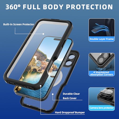 Waterproof Clear Case for iPhone16 Plus, IP68 Magnetic DropProof, BlackSide - size: iPhone 16 Plus 6.7 inch